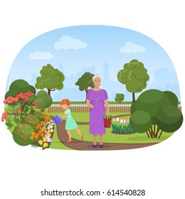 Vector illustration of the girl watering flowers with the grandmother in the own garden.