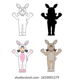 ilustração vetorial de menina vestindo traje de coelho em várias aparições