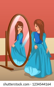 A vector illustration of Girl Wearing a Dress Looking at Mirror