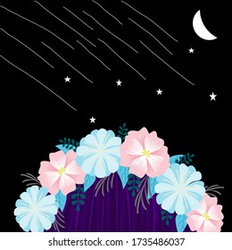 A vector  illustration of a girl wearing a flower headband staring at the falling stars.