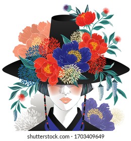 Dibujo vectorial de una chica que lleva un gorro coreano tradicional adornado con flores. Diseño para banner, afiche, tarjeta, invitación y libro de texto
