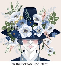 Dibujo vectorial de una niña con un "Gat", sombrero tradicional coreano adornado con flores. Diseño de banner, afiche, tarjeta, invitación y libro de recortes	