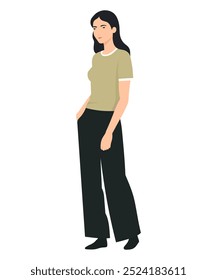 Ilustração vetorial de uma menina vestindo uma camiseta oliva e calças largas pretas da perna para um olhar confortável e discreto.