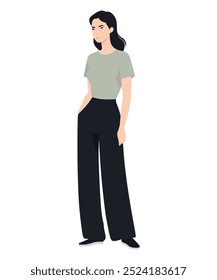 Ilustração vetorial de uma menina vestindo uma camiseta oliva e calças largas pretas da perna para um olhar confortável e discreto.