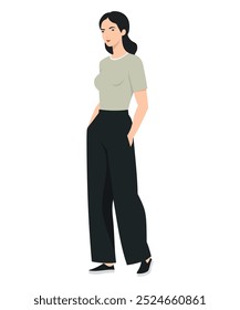 Ilustração vetorial de uma menina vestindo uma camiseta oliva e calças largas pretas da perna para um olhar confortável e discreto.