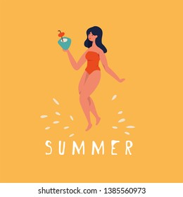 Vector illustration girl wearing red swimsuit with coconut cocktail. Summer vibes