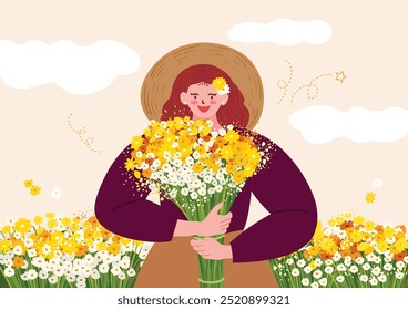 Vector illustration of a girl wearing a straw hat holding a bouquet of flowers in a flower field