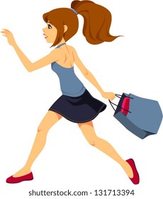 Vector illustration of a girl wearing a summer outfit running with a shopping bag.