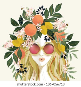 Vector illustration of a girl wearing sunglasses and decorating the hair with flowers
