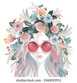 Vector illustration of a girl wearing sunglasses and decorating the hair with flowers. Design for invitation card, picture frame, poster, scrapbook