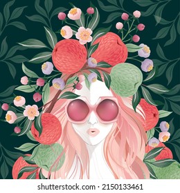 Vector illustration of a girl wearing sunglasses and decorating the hair with flowers. Design for invitation card, picture frame, poster, scrapbook	