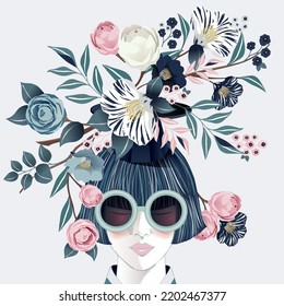 Vector illustration of a girl wearing sunglasses and decorating the hair with flowers. Design for cards, party invitation, Print, Frame Clip Art and Business Advertisement and Promotion	