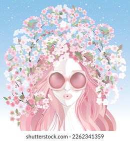 Vector illustration of a girl wearing sunglasses and decorating the hair with flowers in spring. Design for invitation card, picture frame, poster, scrapbook