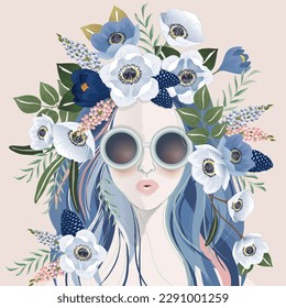 Vector illustration of a girl wearing sunglasses and with flowers in her hair	