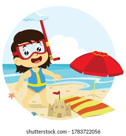 vector illustration of girl wearing swimsuit playing on the beach, summer vacation activity