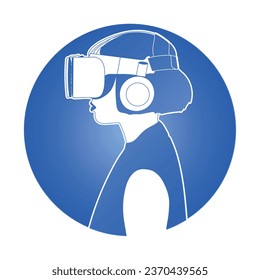 Vector illustration of a girl wearing virtual reality goggles. Modern technology. Blue color. 3d glasses.