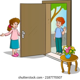 Vector Illustration Of Girl Welcoming Guests At The Door