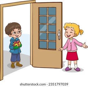 Vector illustration of girl welcoming her friend at the door