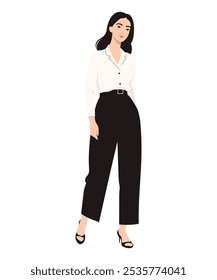 Vector illustration of a girl in a white blouse and black trousers. She looks stylish and elegant.