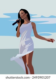 Ilustración vectorial de una niña en un vestido blanco cantando en un micrófono contra el fondo del mar, para el diseño de carteles publicitarios, bares de karaoke e interiores en un estilo musical