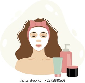 Vector illustration of a girl with a white mask on her face, a bandage on her hair and different jars of creams. Banner concept of cosmetology, beauty, home care, cosmetic procedures at home.