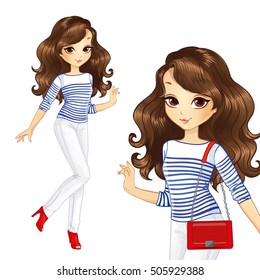 Vector illustration of girl in white pants and a striped jersey with red handbag