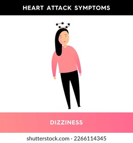 Vector illustration of a girl who is dizzy. The person has symptoms of a heart attack. Loss of coordination, unsteadiness. Illustration for medical articles, posters, stands.