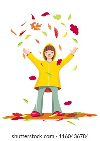Vector illustration of a girl who enjoys the fall. A girl in a yellow jacket and red shoes throws colorful leaves into the air.