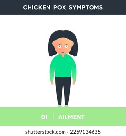 Vector illustration of a girl who is experiencing a painful condition. A person feels weak due to poor health. A sleepy and lethargic person suffering from chicken pox. Chickenpox symptoms. 