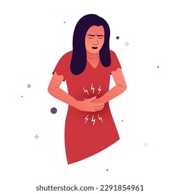 Vector illustration of a girl who is experiencing pain in her stomach. The girl has abdominal cramps, which makes her feel bad. Symptoms of poisoning, gastritis, gastroenteritis, dyspepsia. 