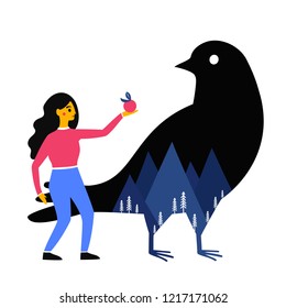 Vector illustration with girl who give the berry to bird. Mountains and pine trees inside the dove silhouette