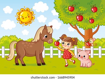 Vector illustration with a girl who gives a horse an apple. Cartoon style farm picture.