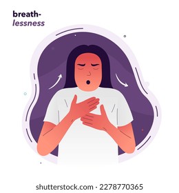 Vector illustration of a girl who has difficulty breathing. Shortness of breath due to lack of oxygen. Symptoms of allergies, asthma, heart disease. Illustration for medical articles, posters. - Shutterstock ID 2278770365