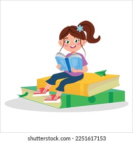 Vector illustration of a girl who likes to read. A cartoon scene of a smiling girl holding an open book in her hands and sitting on a pile of books isolated on a white background.