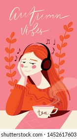 Vector illustration of girl who is  listening to music with headphones and cup of tea.