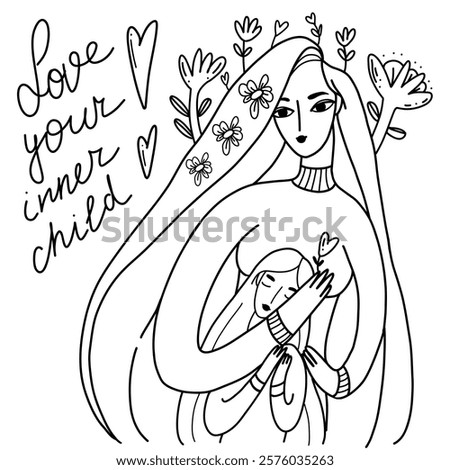 A vector illustration with a girl who lovingly embraces her inner child, a symbol of love and positive mental health. It includes flowers and plants symbolizing self-acceptance therapy.