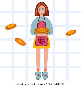 Vector illustration of girl who made homemade pie.