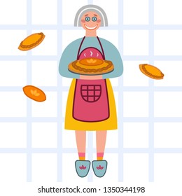 Vector illustration of girl who made homemade pie.