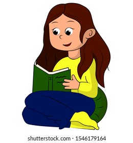 Vector illustration of a girl who reads a book. Illustration of a cute white girl with dark hair. Illustration of a girl in pajamas on a white background.