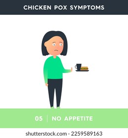Vector illustration of a girl who refuses to eat. The person does not feel hungry. The girl does not want to eat because of loss of appetite. Chickenpox symptoms. Illustration for medical articles.