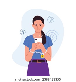 Vector illustration of a girl who spends too much time on the phone. Cartoon scene with a girl chained to a phone with a lock isolated on a white background. Addiction to the phone, social network.