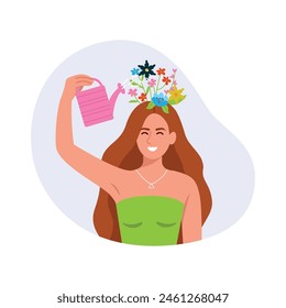 Ilustración vectorial de una chica que piensa positivamente. Escena de dibujos animados de una hermosa chica con el pelo exuberante, en un vestido verde, una decoración en su cuello, regando flores con una regadera en su cabeza.