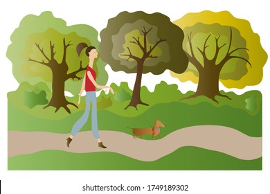 Vector illustration with a girl who walks in the park with a dog.