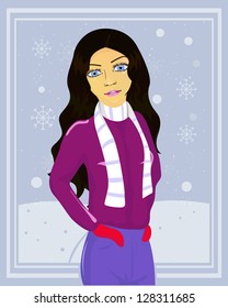 vector illustration of girl in winter dress
