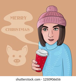 Vector Illustration of a Girl in Winter Hat with Coffee. Drawing of Merry Christmas. Usable as Banner, Greeting Card, Gift and etc