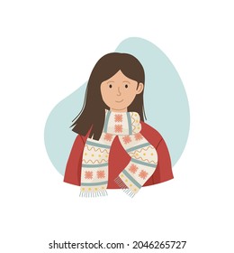 Ilustración vectorial de una niña con una bufanda de punto de invierno. Ropa de invierno.