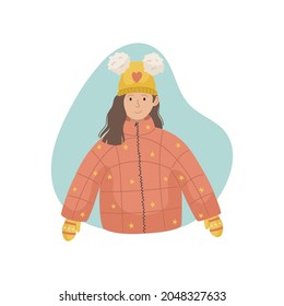 Ilustración vectorial de una niña en una chaqueta de sintonización de invierno y un sombrero de punto. Ropa de invierno