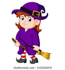 vector illustration of girl witch with a broom