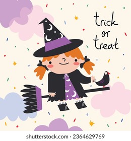 Vector illustration of a girl in a witch costume, a small crow and the inscription Trick or Treat .Decorative card for October 31st.