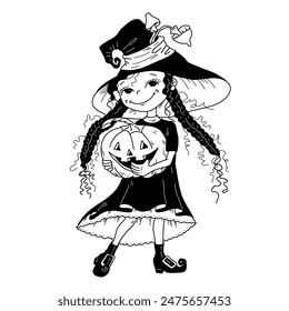 Vector illustration of a girl in a witch costume for the Halloween holiday handraw.